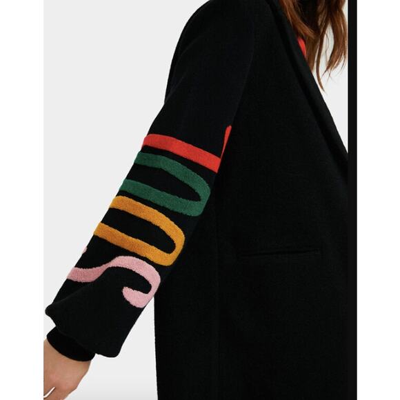 Desigual Estonia Coat Colorful Lettering Sleeves Wool Black Large - Picture 15 of 15